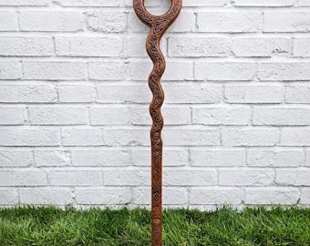 Hand Carved Wooden Staff | Celtic Wizard Walking Stick | Foldable Clergy Crosier & Hiking Pole | Medieval Cosplay and Ceremony Prop