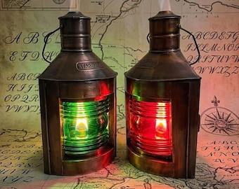 Zestaw lampionów żeglarskich Starboard & Port Marine Lighting w stylu antycznym, miedziany, ręcznie robiony, funkcjonalny – wystrój w stylu vintage