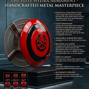 Puede incluir: Escudo de metal artesanal con dise&ntilde;o rojo y negro, con un emblema de calavera Hydra. Disponible en varios tama&ntilde;os, de 45.7 cm a 91.4 cm de di&aacute;metro. Incluye un arn&eacute;s de cuero marr&oacute;n y montaje listo para exhibir.