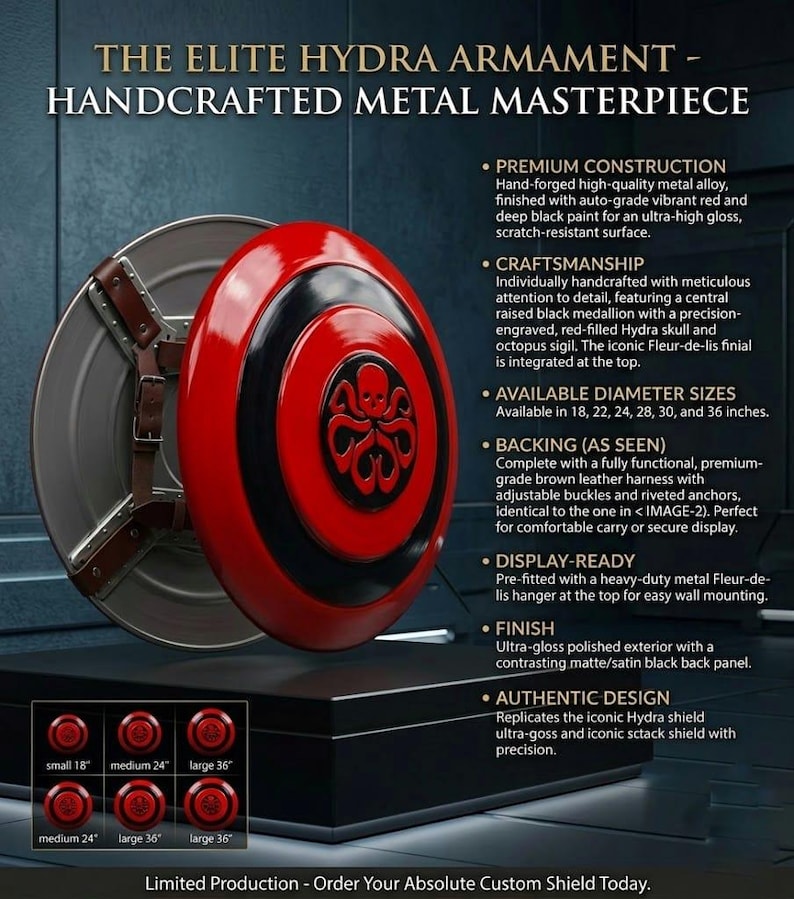 Puede incluir: Escudo de metal artesanal con dise&ntilde;o rojo y negro, con un emblema de calavera Hydra. Disponible en varios tama&ntilde;os, de 45.7 cm a 91.4 cm de di&aacute;metro. Incluye un arn&eacute;s de cuero marr&oacute;n y montaje listo para exhibir.