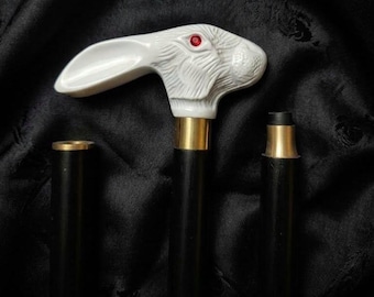 White Rabbit Handle Walking Cane – Victorian Gothic Style, Red Crystal Eyes psycho bunny