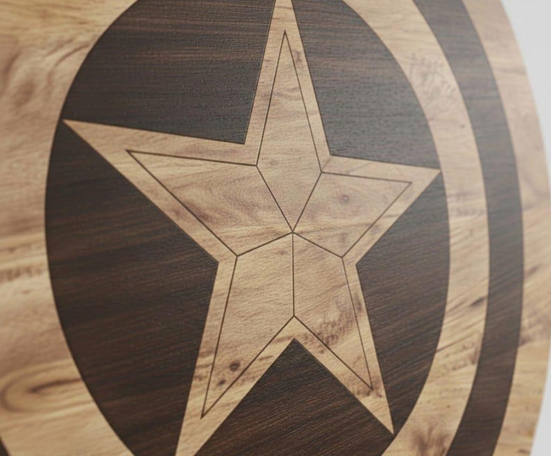 May include: Wooden shield featuring a large, five-pointed star in the center, with a dark brown circular border and concentric arcs. The star and arcs are lighter in color, creating a contrast against the darker wood grain.