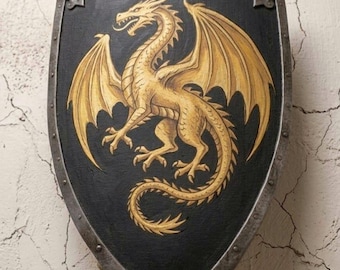 Hand-Painted Wooden Dragon Shield – Medieval Heater Shield for LARP, Cosplay, Wall Decor