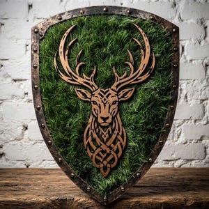 May include: A shield-shaped wall plaque featuring a dark metallic border with rivets, filled with green artificial grass. Centered on the grass is a light brown, laser-cut wooden deer head silhouette with intricate, symmetrical knotwork patterns.