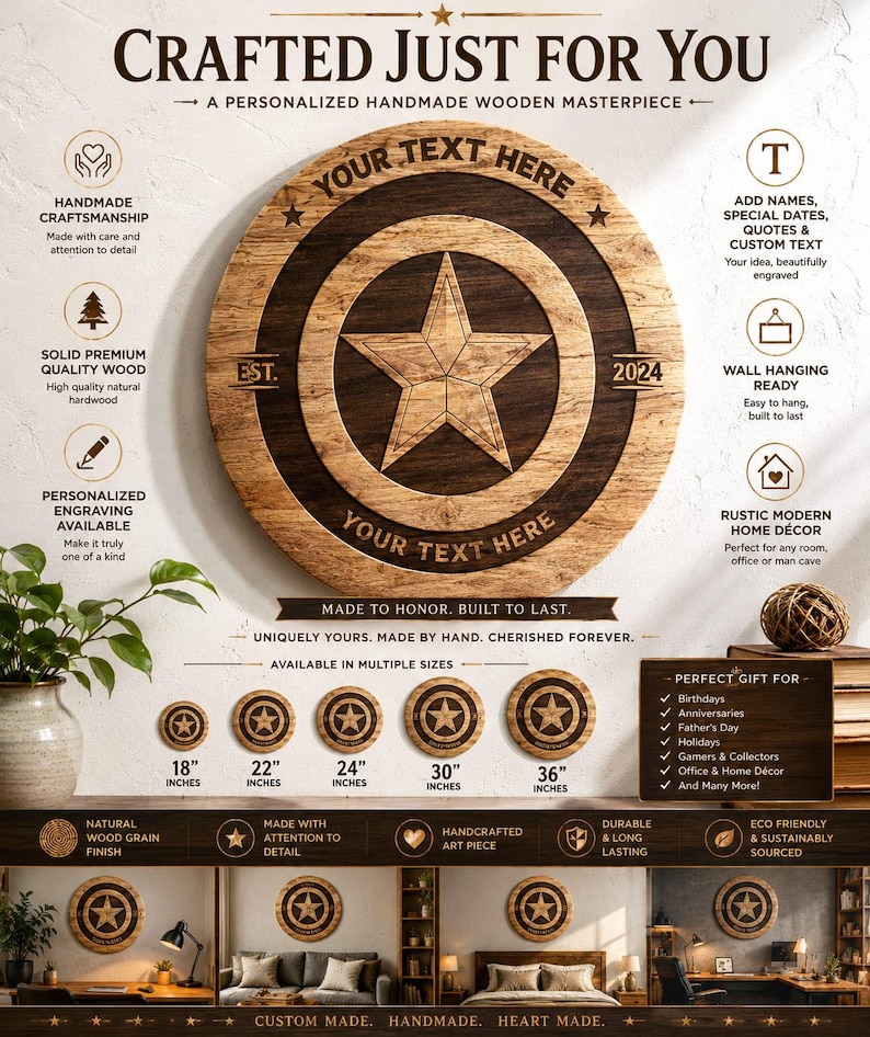 May include: A personalized, handmade wooden masterpiece with a star design. The circular sign is available in multiple sizes, from 18 inches to 36 inches, and features space for custom text. It is made with natural wood grain and is a handcrafted art piece.