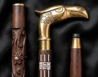 Custom Engraved Eagle Walking Cane – Foldable Wooden Staff, Brass Handle
