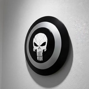 K&ouml;nnte beinhalten: Ein schwarz-silberner Schild mit einem wei&szlig;en Totenkopf-Emblem. Der Schild hat ein kreisf&ouml;rmiges Design mit einem schwarzen Au&szlig;enring, einem silbernen Mittelring und einem schwarzen Zentrum mit dem Totenkopf. Der Totenkopf hat ein rissiges Aussehen.