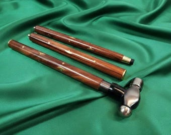 Ball-Peen Hammer Handle Walking Cane – Steampunk Wooden Stick with Brass Inlays