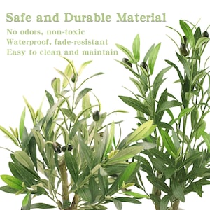 May include: Artificial olive tree branches with green leaves and black olives. The image includes text that reads "Safe and Durable Material" and "No odors, non-toxic, Waterproof, fade-resistant, Easy to clean and maintain."