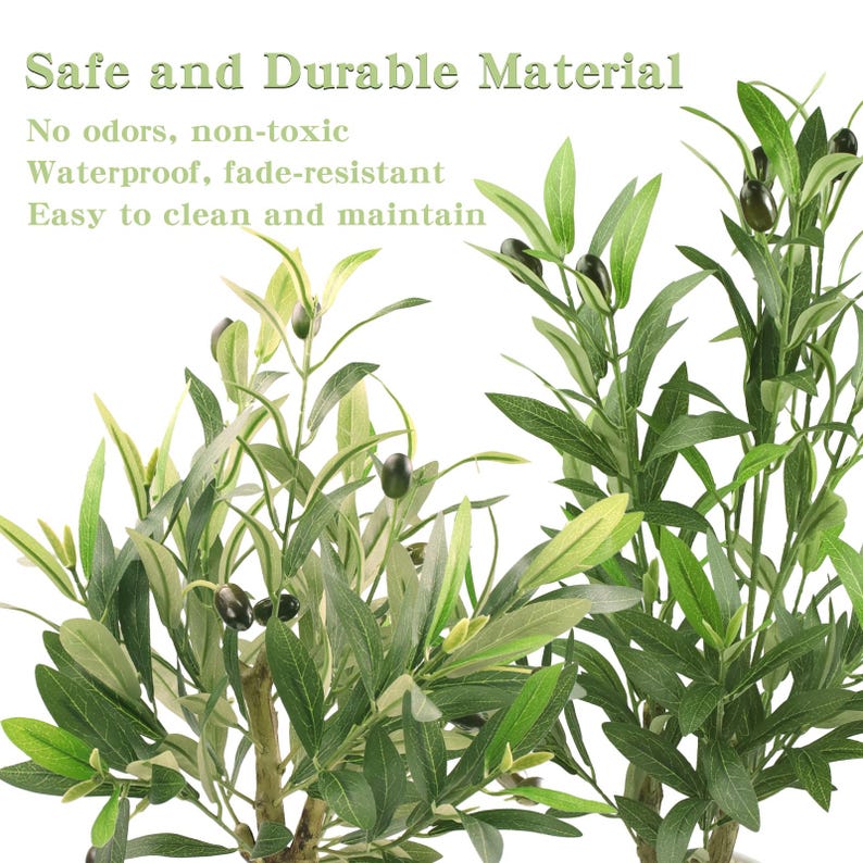 May include: Artificial olive tree branches with green leaves and black olives. The image includes text that reads "Safe and Durable Material" and "No odors, non-toxic, Waterproof, fade-resistant, Easy to clean and maintain."