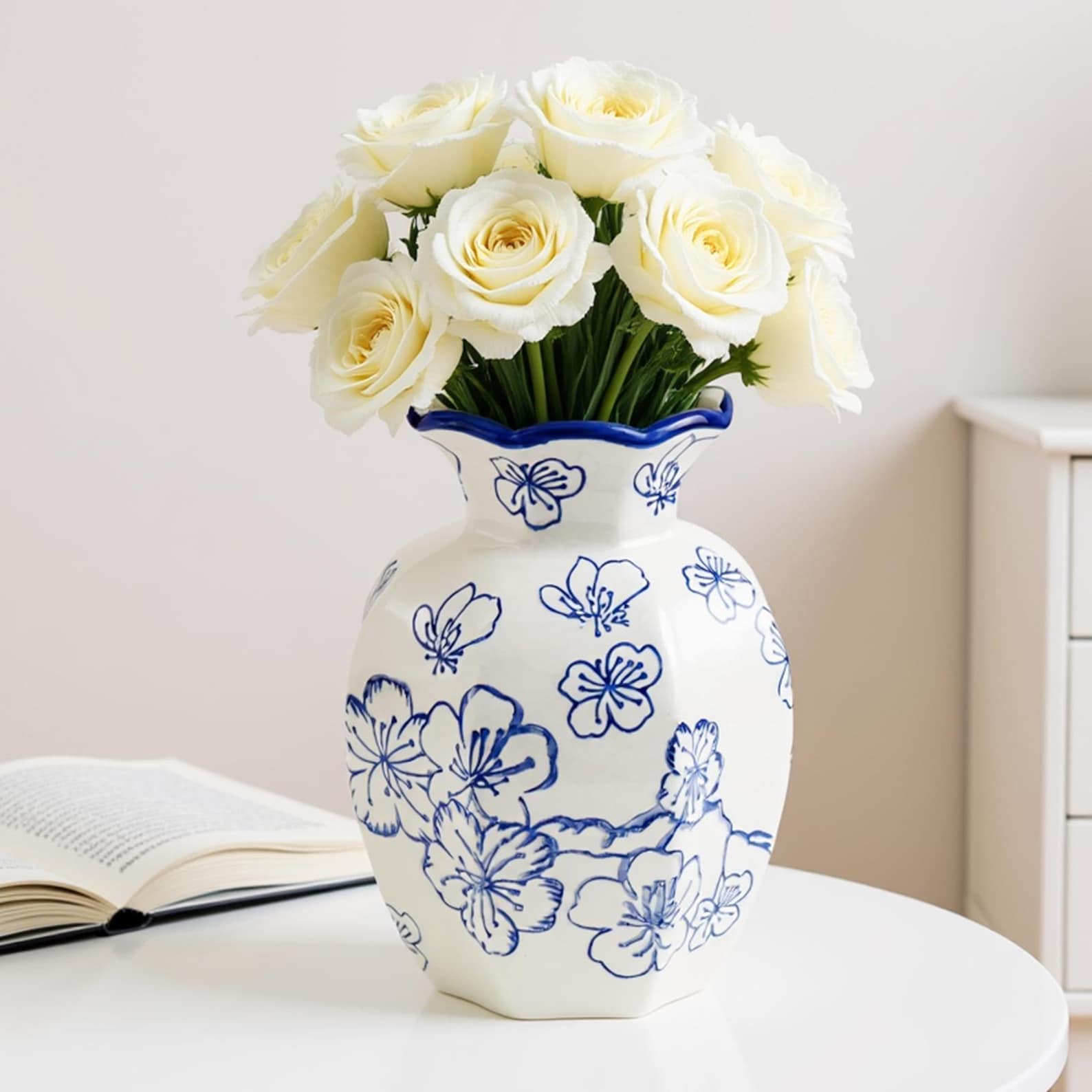 Vintage-Style White Ceramic Vase with Blue Floral Pattern –Model 01 Trumpet