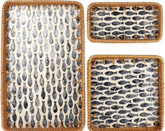 Rechthoekig rotan dienblad ingelegd met parelmoer Ideaal voor koffie, brood, fruit en snacks Decoratief rotan dienblad voor tafelaankleding