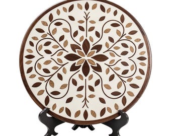 Bandeja giratoria de madera con incrustaciones, hecha a mano, con diseño de ramitas florales, decoración natural vintage.