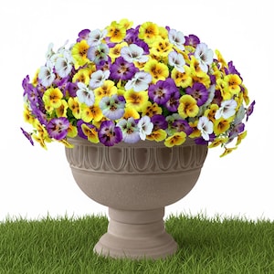 May include: A large stone urn overflowing with colorful pansies. The flowers are a mix of yellow, purple, and white, creating a vibrant display. The urn sits on a bed of green grass, with a white background.