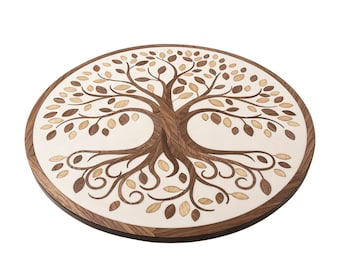 Bandeja giratoria de madera con incrustaciones, diseño del Árbol de la Vida, estilo vintage para decoración del hogar.