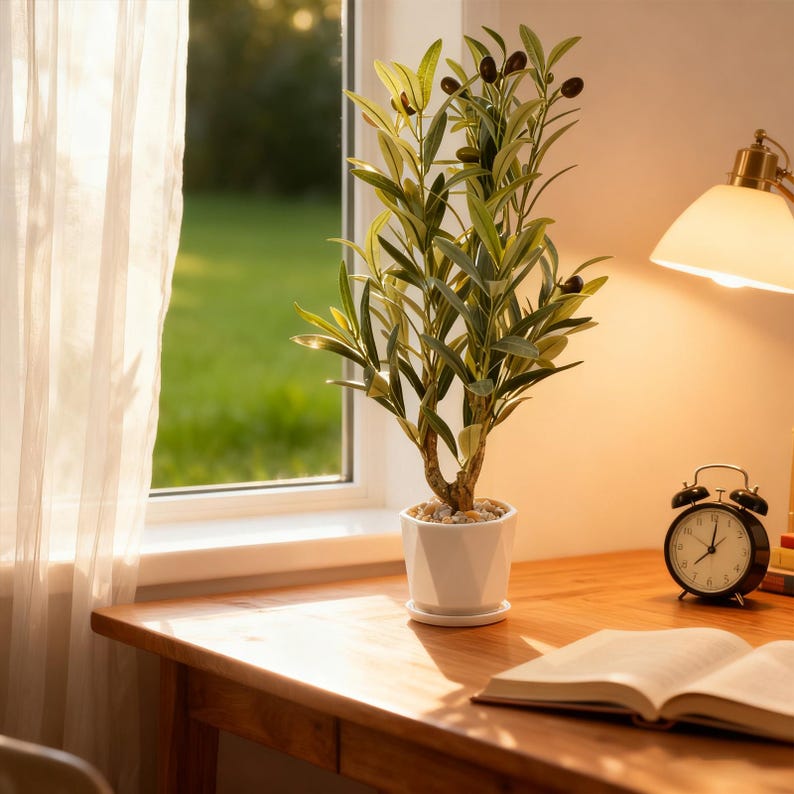 Puede incluir: Un olivo en maceta blanca sobre un escritorio de madera cerca de una ventana. El &aacute;rbol tiene hojas verdes y aceitunas oscuras. Un despertador negro y un libro abierto tambi&eacute;n est&aacute;n en el escritorio.