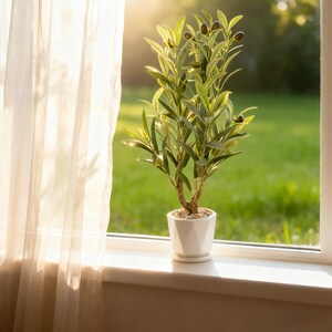 Puede incluir: Un peque&ntilde;o olivo en una maceta blanca geom&eacute;trica sobre un alf&eacute;izar. El &aacute;rbol tiene hojas verdes y peque&ntilde;as aceitunas negras. A la izquierda hay una cortina blanca transparente y se ve un c&eacute;sped verde afuera.