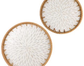 Bandeja redonda de ratán con nácar blanco hecha a mano con diseño de mandala, bandeja para café capiz, bandeja decorativa, bandeja para té, bandeja para cócteles, bandeja para pulseras.
