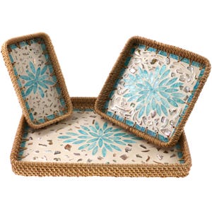 Juego de 3 bandejas rectangulares de ratán Las bandejas de mimbre están tejidas a mano con ratán natural con incrustaciones de nácar, bandejas decorativas tejidas boho