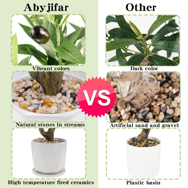 May include: A comparison image showcasing an artificial olive tree. The left side highlights features like vibrant colors, natural stones, and high-temperature fired ceramics. The right side contrasts with dark colors, artificial sand, and a plastic basin. The text "Abyjifar" and "Other" are also present.