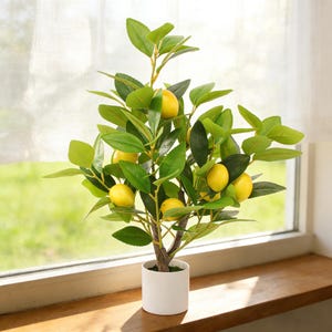 May include: A small artificial lemon tree in a white pot. The tree has bright green leaves and several yellow lemons. The pot sits on a wooden windowsill, with a window and a green outdoor scene in the background.