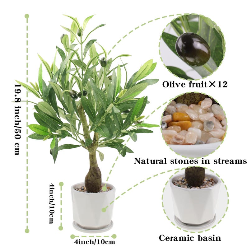 May include: Artificial olive tree in a white ceramic pot, 19.8 inches tall. The tree features green leaves and 12 olive fruits. The pot is 4 inches wide and contains natural stones. A decorative plant for home decor.