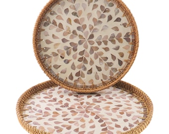 Rattan Mother of Pearl Serving Tray with Black & White Radial Petal Pattern, Desk Organizer, Mothers Day Gift, Gifts for Her, Ottoman tray