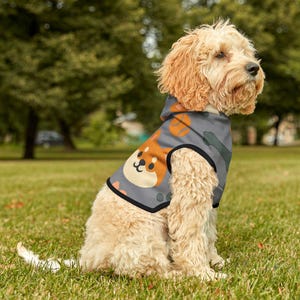 May include: A light-colored dog wearing a gray dog hoodie with a cartoon Shiba Inu face and orange ball graphics. The dog is sitting on green grass in a park setting.
