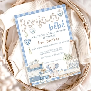 BS61, Redigerbar Baby Shower Invitation, Bonjour bébé, – Omedelbar åtkomst, baby boy, blå, Mall, BS61