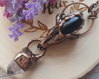 Quartz and obsidian animal skull copper gemstone necklace