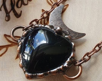 Obsidian heart moon copper gemstone necklace