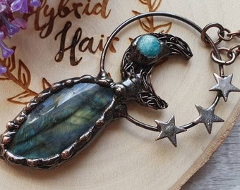 labradorite and turquoise moon copper crystal gemstone necklace