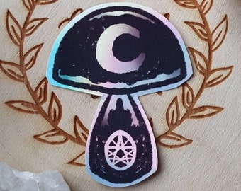 Holographic Mushroom sticker, gothic, moon, vinyl sticker, scrapbook, iPad case, decoration