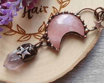 Rose quartz moon and amythest crystal point copper gemstone necklace