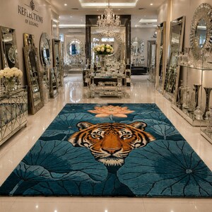 May include: A rectangular area rug featuring a central tiger face graphic surrounded by dark teal lotus leaves and a single light orange lotus flower at the top. The rug is positioned on a polished floor in a showroom filled with mirrors.