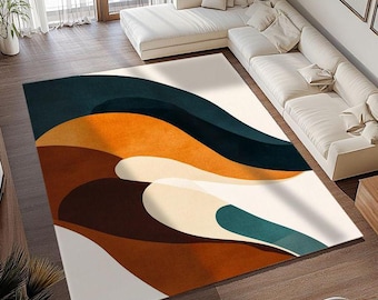 Abstract Wavy Wool Rug – Brown Beige Layered Modern Carpet multicolor