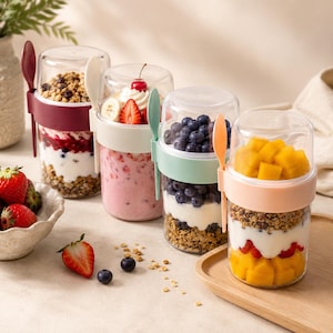 May include: Four clear, layered food containers with colorful contents and attached spoons. The containers have a clear top and colored bands. The contents include granola, yogurt, and various fruits like strawberries, blueberries, and mango.