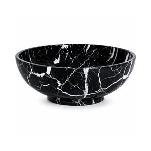 May include: A round bowl featuring a black base color with a prominent white veined pattern throughout the interior and exterior surfaces. The bowl has a smooth, polished finish and sits on a circular pedestal base, creating a deep basin shape.