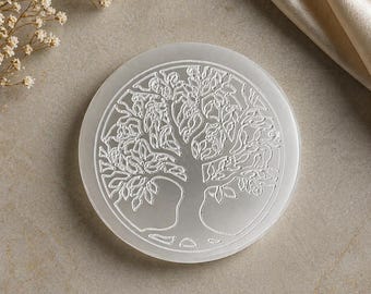 Selenite Charging Plate Engraved Tree of Life 10cm, Crystal Charging Disc, Reiki Altar Decor, Healing Crystal Tray, Meditation Gift