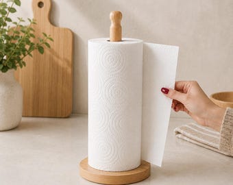 Eco Friendly Rubberwood Paper Towel Holder Free Standing Kitchen Roll Stand Wooden Paper Towel Rack Countertop Kitchen Organiser
