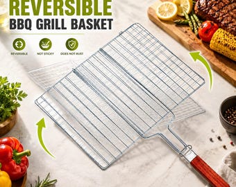 Chrome Steel BBQ Grill Basket 22x28cm Wooden Handle Rust Resistant BBQ Grilling Basket for Fish Veg & Meat Portable Grill Outdoor Cooking