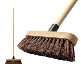 Outdoor Yard Broom, Stiff Bassine Bristles, Wooden Handle, 10 Inch Patio Sweeper