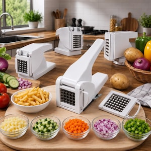 May include: White french fry cutters and a variety of chopped vegetables are displayed on a wooden surface. The vegetables include tomatoes, cucumbers, onions, carrots, and bell peppers. A bowl of french fries is also present.