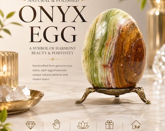 Natural Onyx Crystal Egg with Brass Stand, Hand Polished Stone Decor, Healing Crystal Ornament, Luxury Home Office Desk Gift