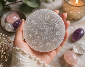 Selenite crystal Charging Plate Zodiac 12cm, Engraved Astrology Disc, Reiki Energy Cleansing, Meditation Altar Decor, Spiritual Crystal Gift