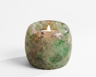 Fluorite Crystal Tealight Holder Cylinder | Purple Green Healing Stone Candle Holder | Chakra Meditation Spiritual Gift | Home Decor