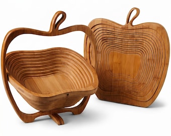 Foldable Wooden Fruit Basket, Collapsible Fruit Bowl, Wooden Serving Tray, Kitchen Counter Decor, Farmhouse Home Decor, Housewarming Gift