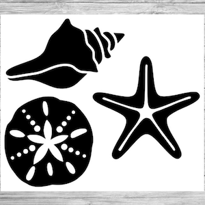 May include: Black and white silhouette of a seashell, a starfish, and a sand dollar.
