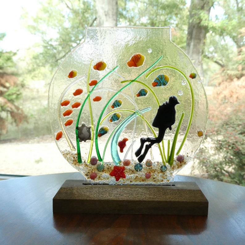 Fused Art Glass Underwater Scene in A Fishbowl OOAK by O'dare Etsy