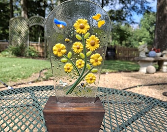 Sunflowers In A Pot Fused Art Glass On A Cedar Base OOAK O'Dare